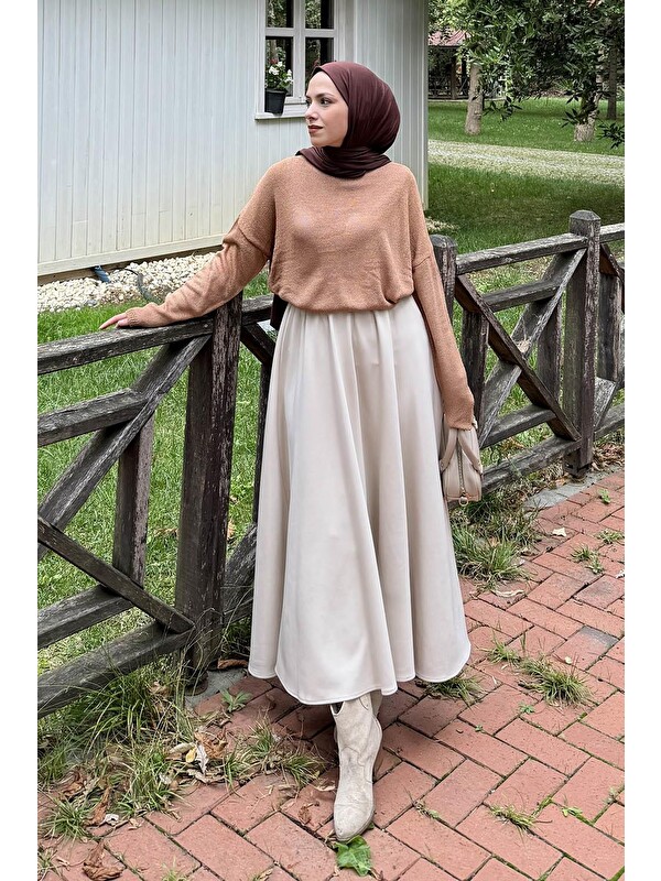 Lamelif Kayık Yaka Triko Kazak Camel