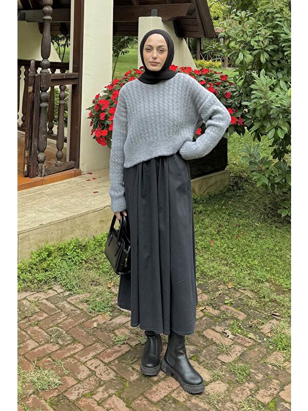 Lamelif Crop Triko Kazak Gri