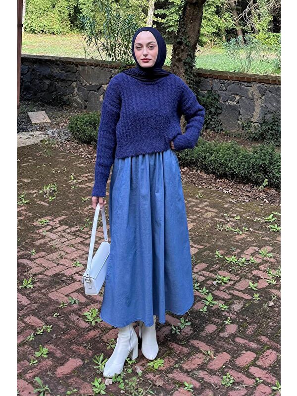Lamelif Crop Triko Kazak Lacivert