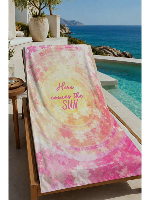 Milbay Grup Pastel Pembe Çiçekli Pozitif Yazı Desenli 70x150 cm Dijital Baskılı Plaj ve Banyo Havlusu