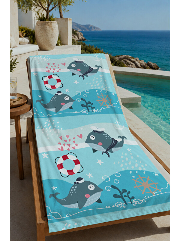 Milbay Grup Mavi Denizci Balina ve Çapa Desenli 70x150 cm Dijital Baskılı Plaj ve Banyo Havlusu
