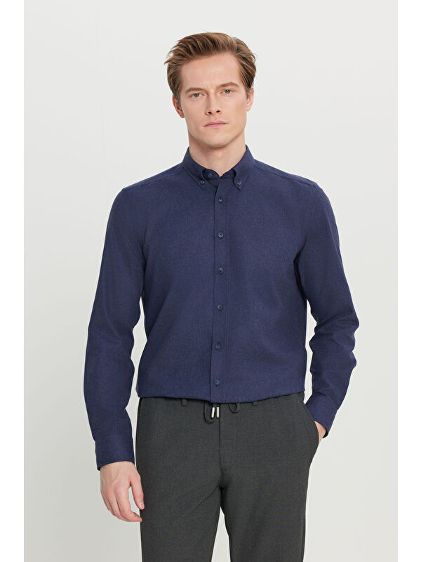 Altınyıldız Classics Erkek Lacivert Pamuklu Slim Fit Dar Kesim Düğmeli Yaka Diagonal Desenli Flanel Gömlek