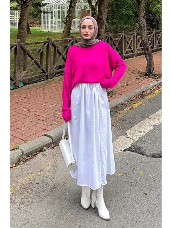 Lamelif Kayık Yaka Triko Kazak Fuşya