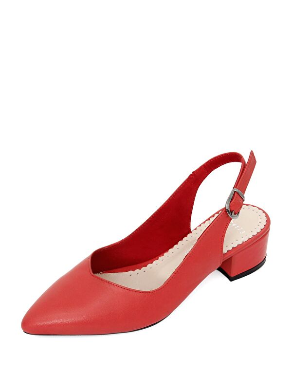 KIRMIZI Hakiki Deri Sivri Burun Kısa Kalın Topuklu Arkası Açık Kadın Yazlık Ayakkabı 24173 - Görsel 9