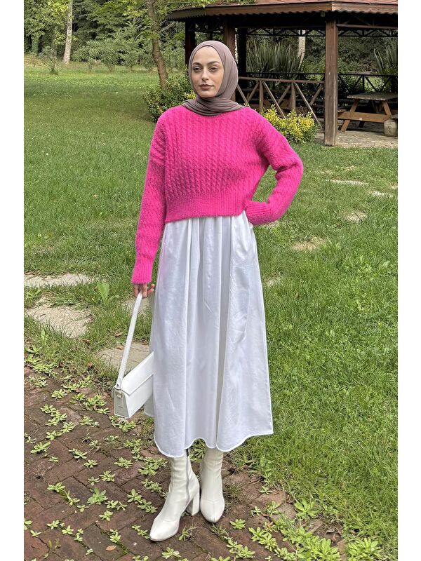 Lamelif Crop Triko Kazak Fuşya