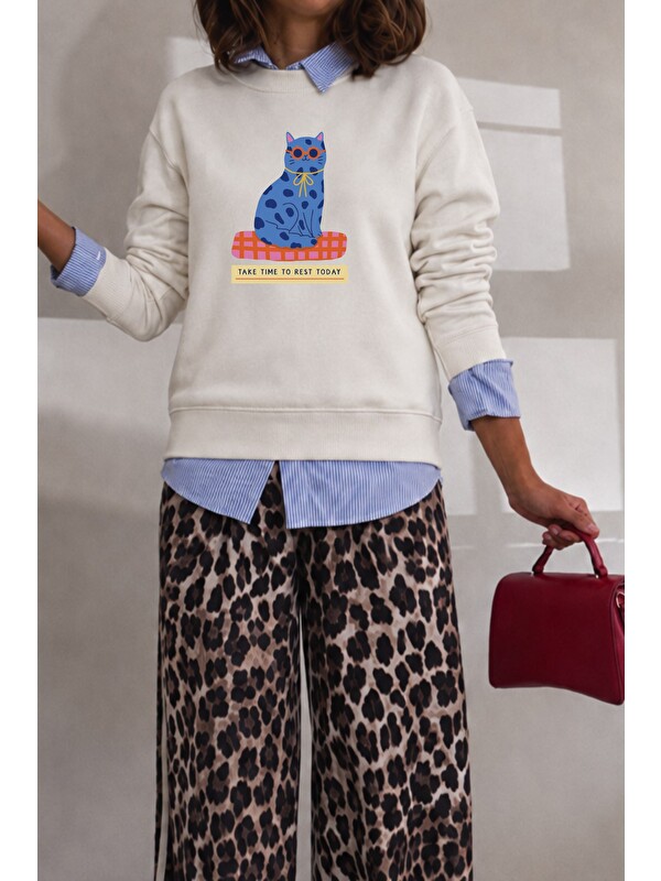 Monila Kadın Premium Kumaş 3 İplik Şardonlu Kedi Baskılı Sweatshirt