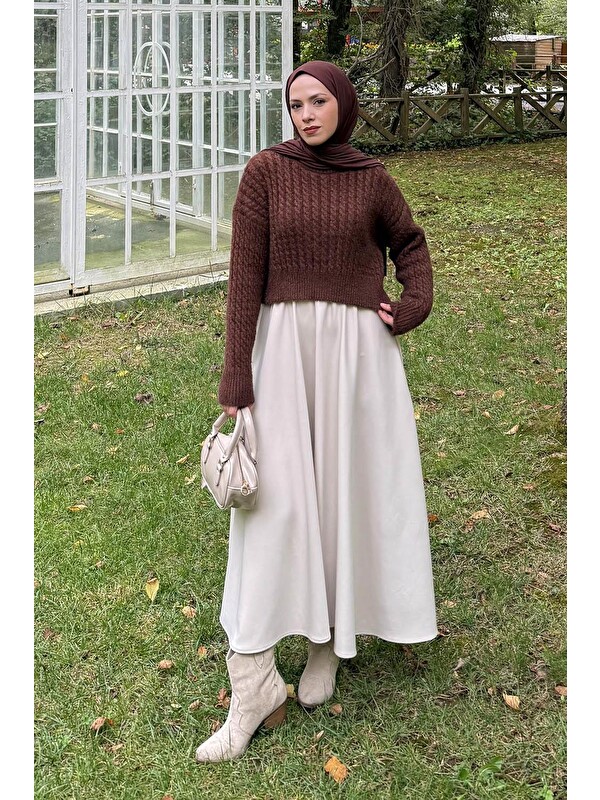 Lamelif Crop Triko Kazak Acı Kahverengi