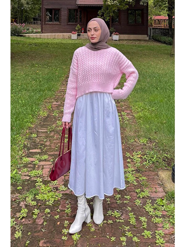 Lamelif Crop Triko Kazak Pudra