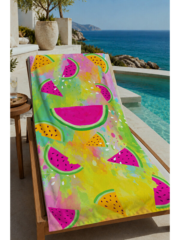Milbay Grup Yeşil Pembe Karpuz Desenli 70x150 cm Dijital Baskılı Plaj ve Banyo Havlusu