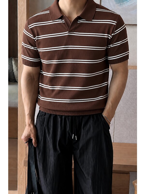 Tarz Cool Erkek Çizgili Polo Yaka Viskon Triko Tişört – Slim Fit Yazlık Triko Polo