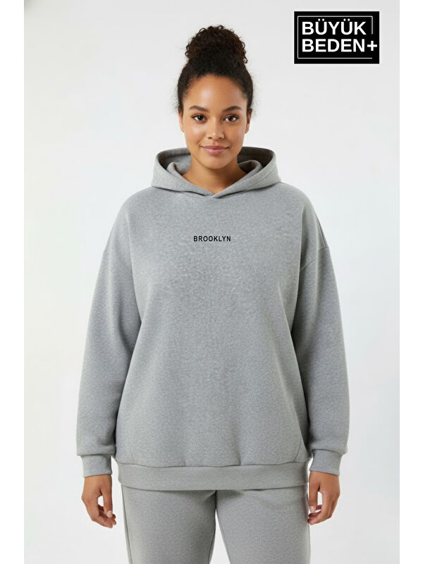 Süperlife Kadın Büyük Beden Kapüşonlu Brooklyn Baskılı ince Sweatshirt SPR26BSWK961