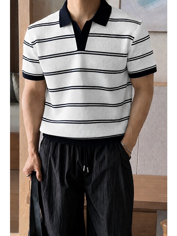 Tarz Cool Erkek Çizgili Polo Yaka Viskon Triko Tişört – Slim Fit Yazlık Triko Polo