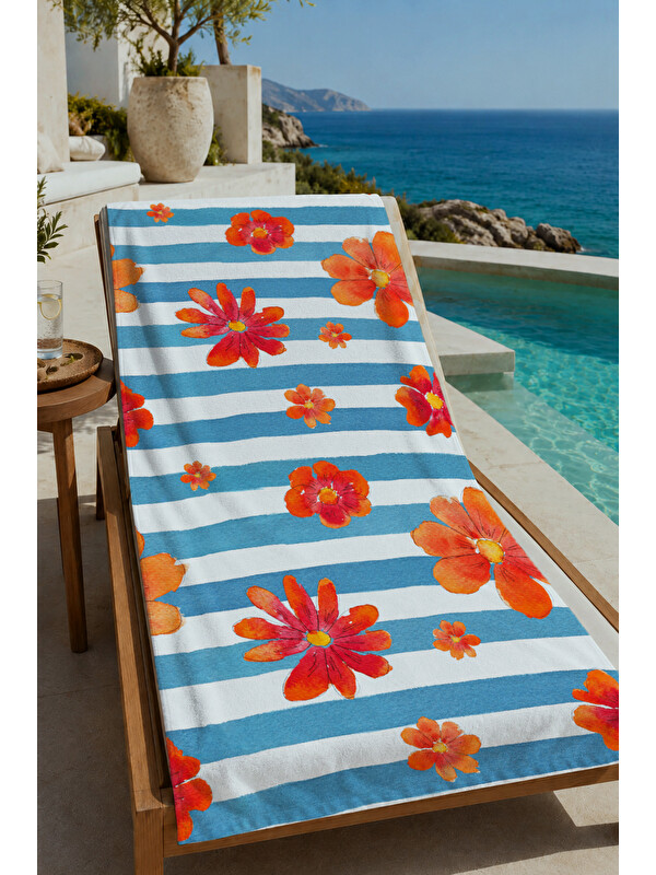 Milbay Grup Milbay Grup Mavi Beyaz Çizgili Turuncu Yengeç Desenli 70x150 Cm Dijital  Plaj Ve Banyo Havlusu-44