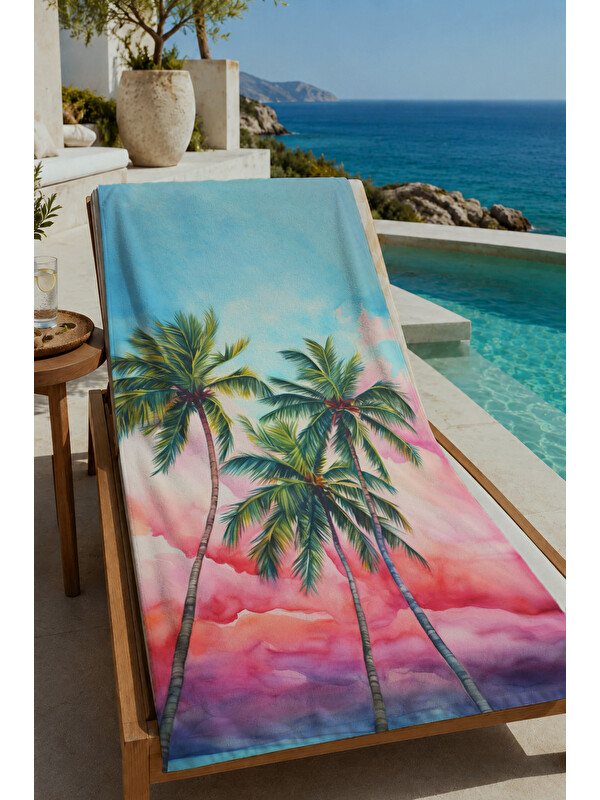 Milbay Grup Pastel Batımı Palmiye Manzaralı 70x150 cm Dijital Baskılı Plaj ve Banyo Havlusu