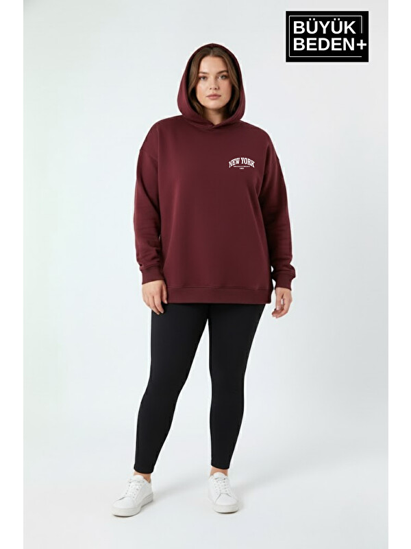 Süperlife Kadın Büyük Beden New York Baskılı Kapüşonlu ince Sweatshirt SPR26BSWK962