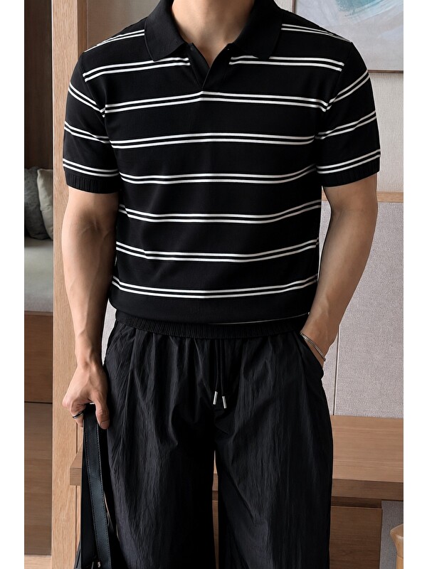 Tarz Cool Erkek Çizgili Polo Yaka Viskon Triko Tişört – Slim Fit Yazlık Triko Polo