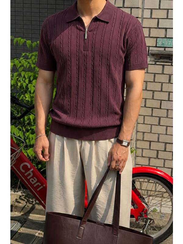 Tarz Cool Erkek Slim Fit Fermuarlı Polo Yaka Saç Örgü Desenli Triko Tişört – Yazlık Pamuklu Esnek Örme