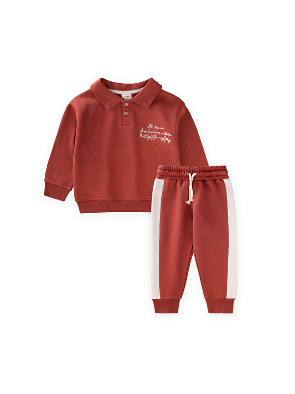 CİGİT Yakalı Nakış İşlemeli Sweatshirt Takım 2-10 Yaş Kiremit