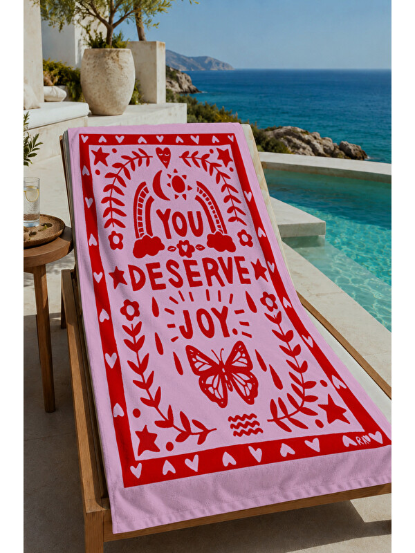 Milbay Grup Pembe You Deserve Joy Yazılı Kelebek Desenli 70x150 cm Dijital Baskılı Plaj ve Banyo Havlusu