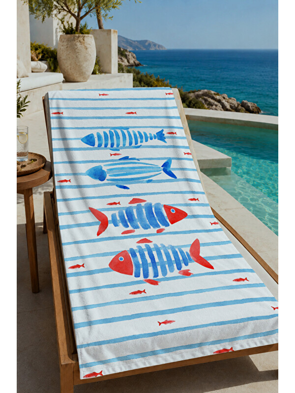 Milbay Grup Milbay Grup Mavi Beyaz Çizgili Balık Desenli 70x150 Cm Dijital  Plaj Ve Banyo Havlusu-37368