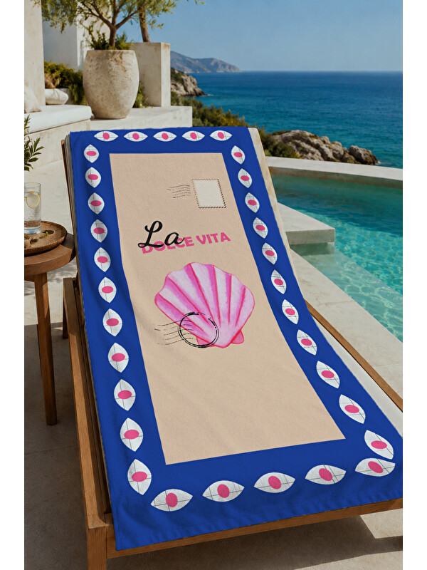 Milbay Grup Lacivert Çerçeveli Pembe Deniz Kabuğu La Dolce Vita 70x150 cm Dijital Baskılı Plaj ve Banyo Havlusu