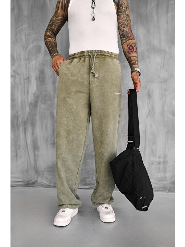 Abluka Online Erkek Baskılı Yıkamalı Baggy Fit Eşofman Altı Haki