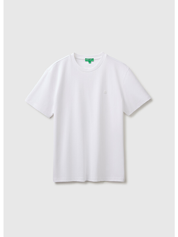United Colors Of Benetton Erkek Beyaz %100 Pamuk Logolu Bisiklet Yaka T-Shirt