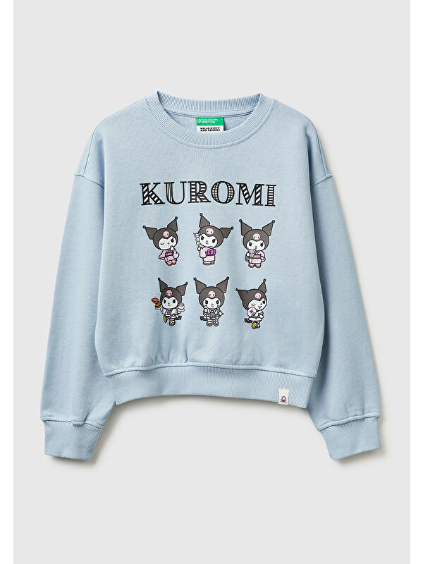United Colors Of Benetton Kız Çocuk Buz Mavisi Önü ve Arkası Baskılı Etek Ucu Logolu Bisiklet Yaka Sweatshirt