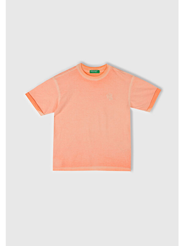 United Colors Of Benetton Erkek Çocuk Turuncu Soluk Efektli Logo İşlemeli Oversize T-Shirt
