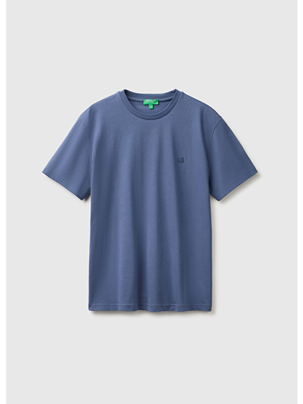 United Colors Of Benetton Erkek Havacı Mavi %100 Pamuk Logolu Bisiklet Yaka T-Shirt