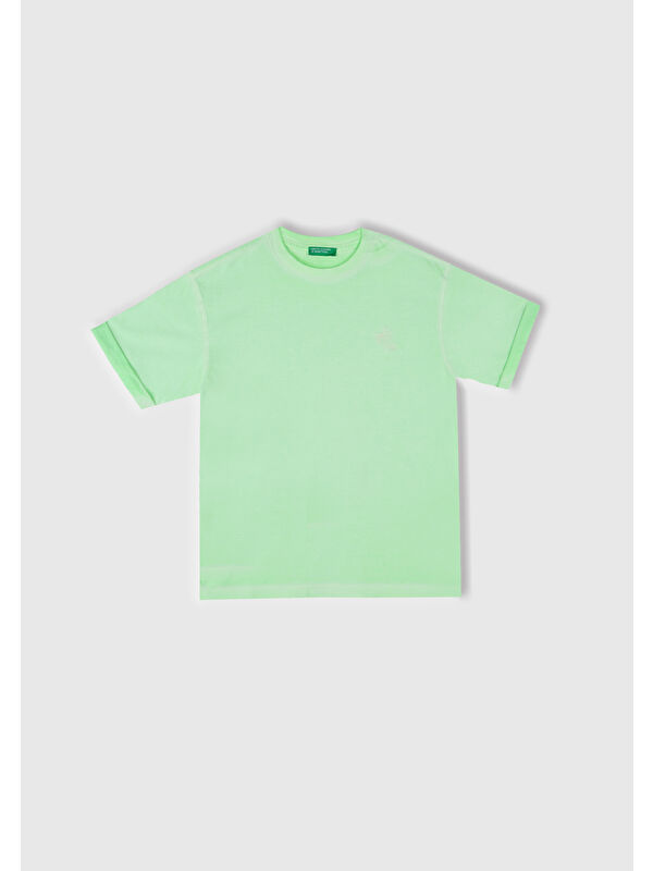 United Colors Of Benetton Erkek Çocuk Açık Yeşil Soluk Efektli Logo İşlemeli Oversize T-Shirt