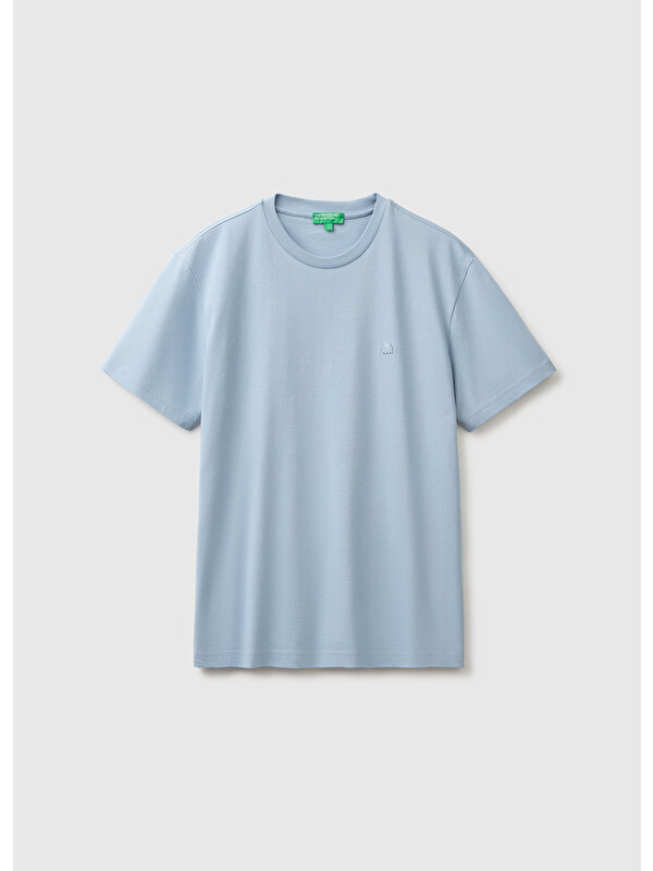 United Colors Of Benetton Erkek Açık Mavi %100 Pamuk Logolu Bisiklet Yaka T-Shirt