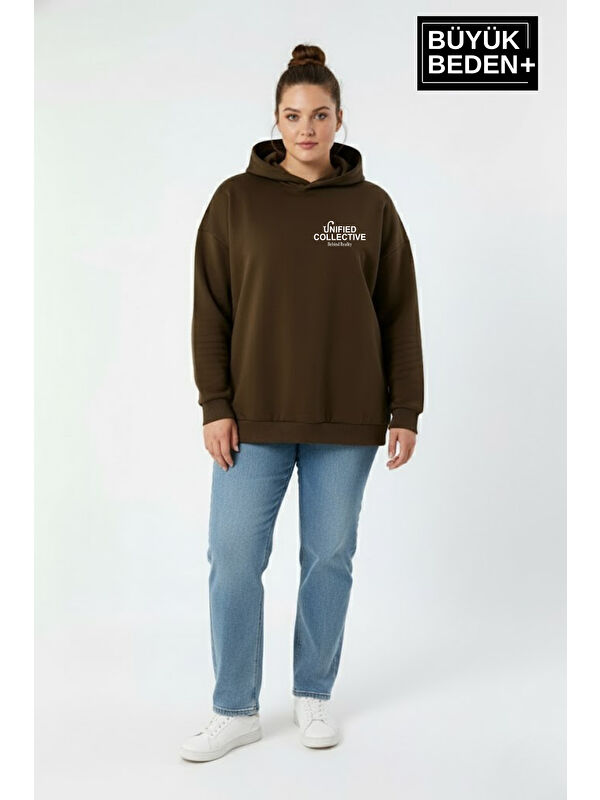 Süperlife Kadın Büyük Beden Rahat Kalıp Hoodie -Unified Baskılı Kapüşonlu inceSweatshirt SPR26BSWK968