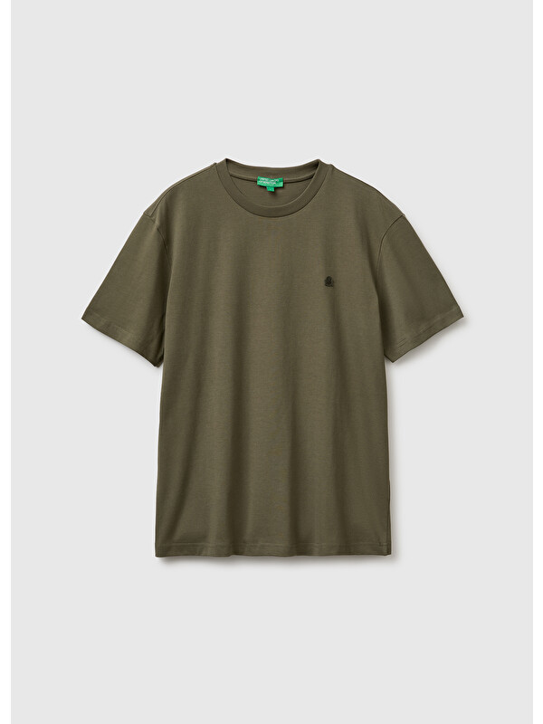 United Colors Of Benetton Erkek Koyu Haki %100 Pamuk Logolu Bisiklet Yaka T-Shirt