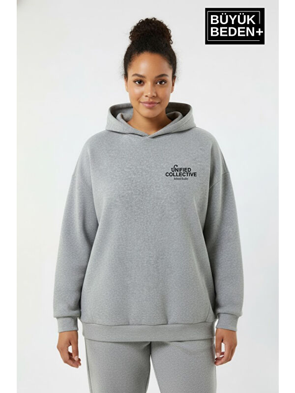 Süperlife Kadın Büyük Beden Rahat Kalıp Hoodie -Unified Baskılı Kapüşonlu inceSweatshirt SPR26BSWK968