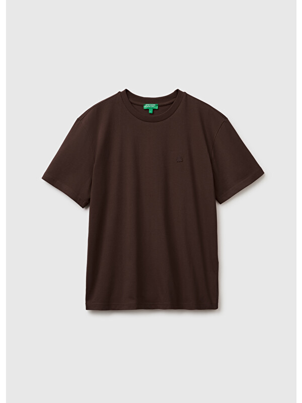 United Colors Of Benetton Erkek Koyu Kahverengi %100 Pamuk Logolu Bisiklet Yaka T-Shirt