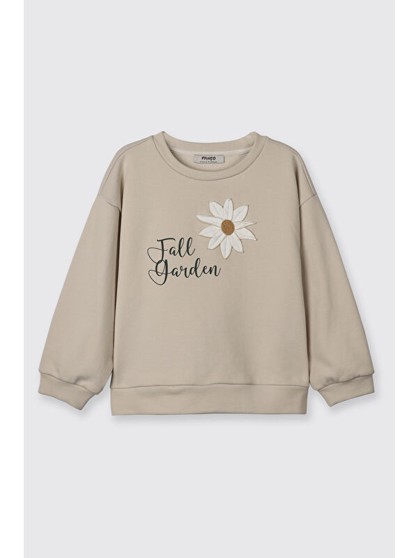 Panço Kız Çocuk Çiçek Motifli Sweatshirt Bej
