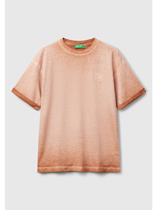 United Colors Of Benetton Erkek Çocuk Tarçın Soluk Efektli Logo İşlemeli Oversize T-Shirt