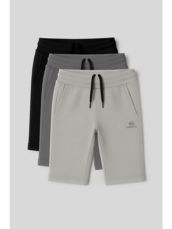 Tommylife Standart Fit Basic Performans 3lü Paket Siyah-Koyu Gri-Taş Erkek Çocuk Şort - 11303