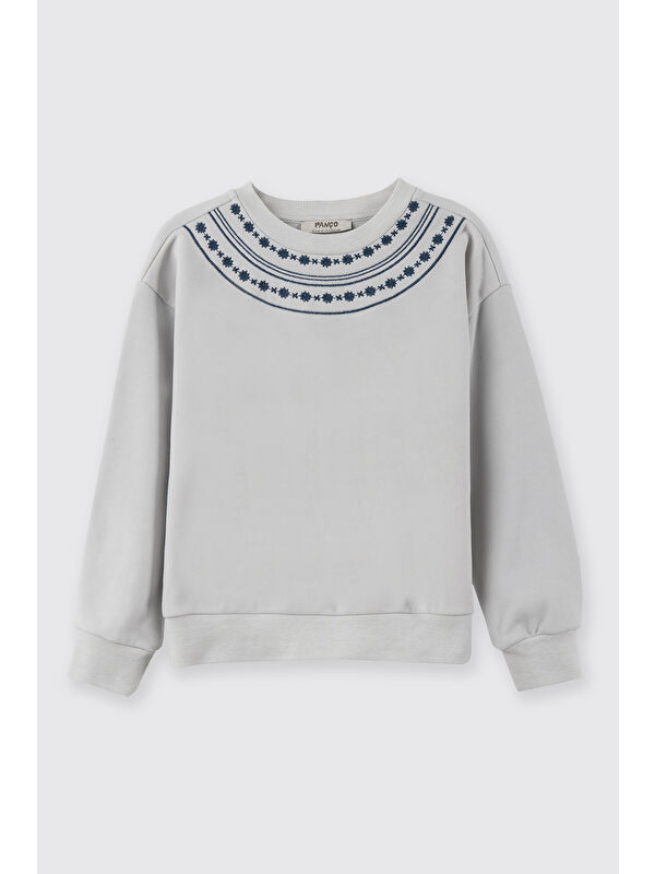 Panço Kız Çocuk Nakışlı Sweatshirt Gri