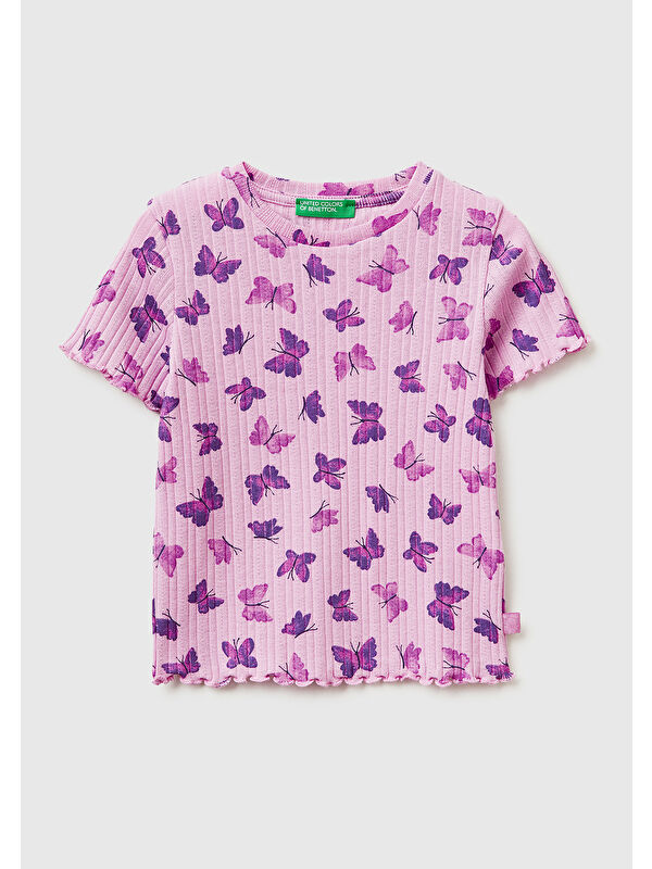United Colors Of Benetton Kız Çocuk Lila Logolu Baskılı Fırfır Detaylı Ribanalı Bisiklet Yaka T-Shirt