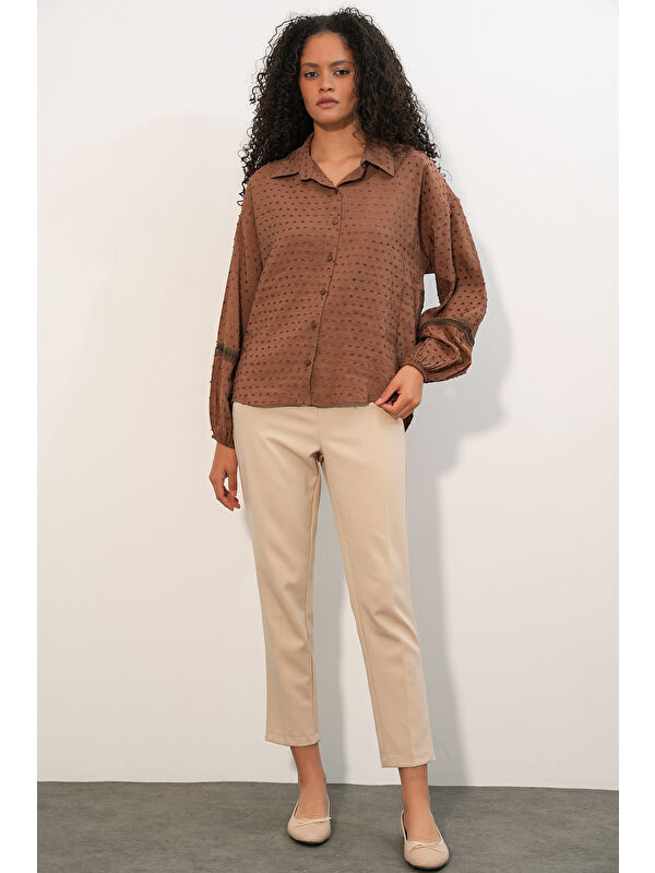 Bigdart Kadın Oversize Desenli Gömlek 20379 - Taba