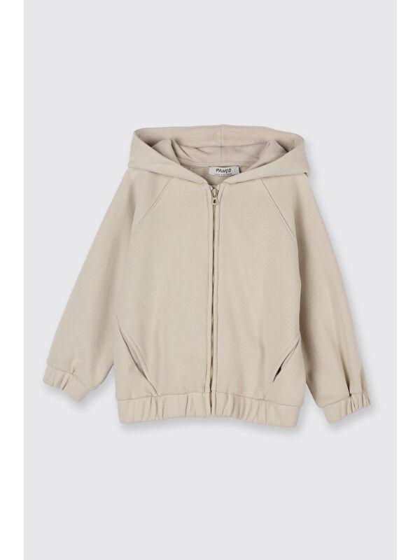 Panço Kız Çocuk Yumuşak Dokulu Fermuarlı Sweatshirt Bej