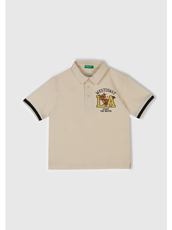 United Colors Of Benetton Erkek Çocuk Ekru Baskılı Dokuma Manşetli Polo T-Shirt