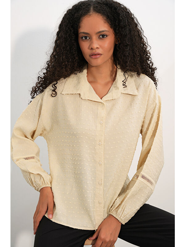 Bigdart Kadın Oversize Desenli Gömlek 20379 - Krem