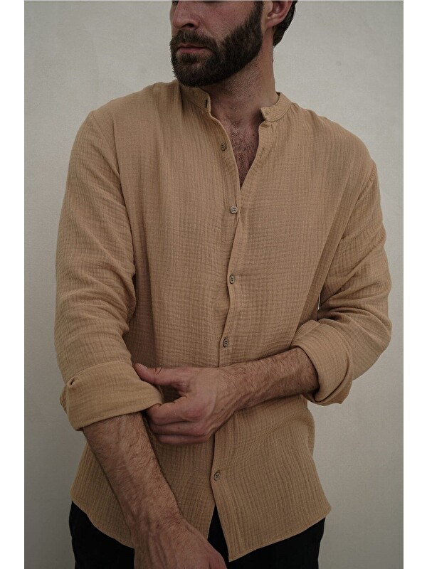 Mai Collection Owen Erkek Oversize Hakim Yaka Caramel Müslin Gömlek