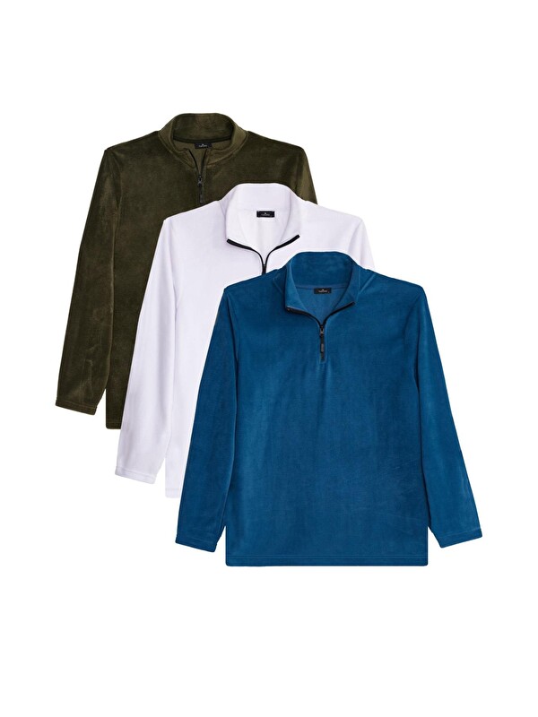 TUDORS Unisex 3'Lü Paket Haki-Ekru-İndigo Standart Fit Tüylenme Yapmayan Soğuk Geçirmez Polar Sweatshirt