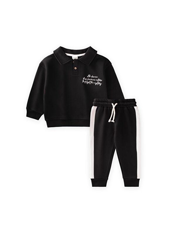 CİGİT Yakalı Nakış İşlemeli Sweatshirt Takım 2-10 Yaş Siyah