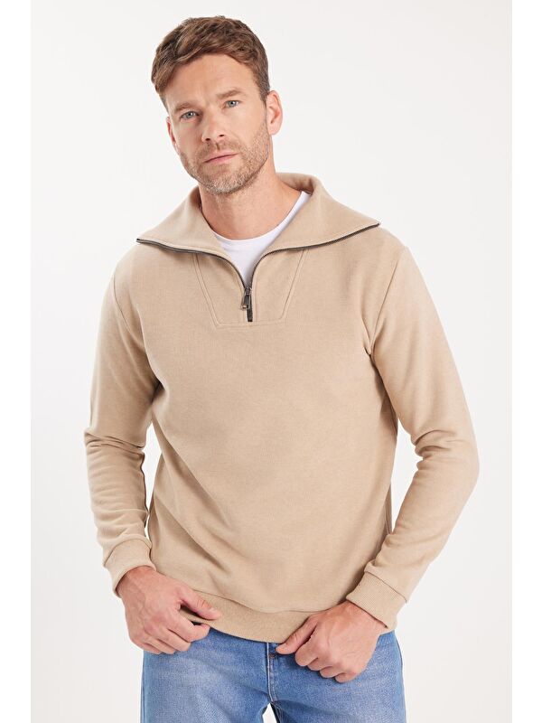 TUDORS Unisex Relax Fit Rahat Kesim Fitilli Desenli Pamuklu Yarım Fermuarlı Bej Dik Yaka Sweatshirt