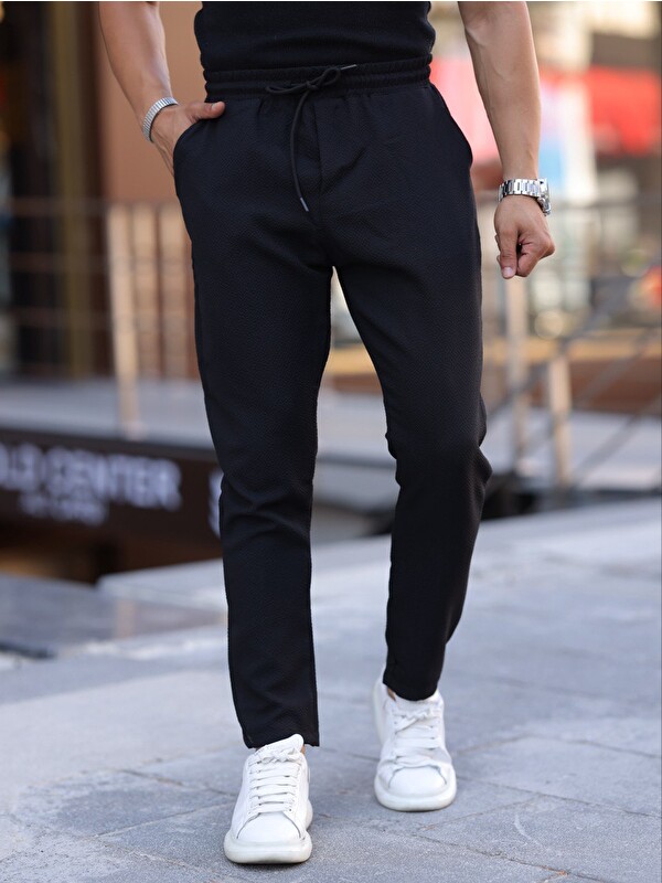 Domoda Slim Fit Bağcıklı, Beli Lastikli Düz Paça, Dokulu Erkek Jogger Pantolon